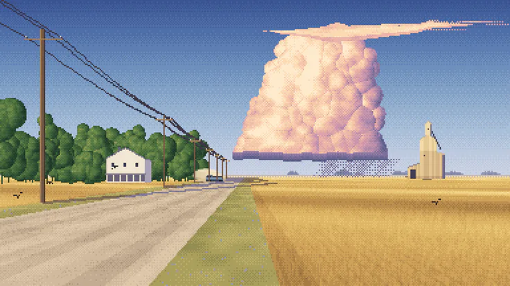 Pixel-art prairie at golden hour, with a straight gravel road between gold wheat fields running toward a towering pink-lit thunderstorm, past power poles, a farmhouse in its windbreak and a lone grain elevator.