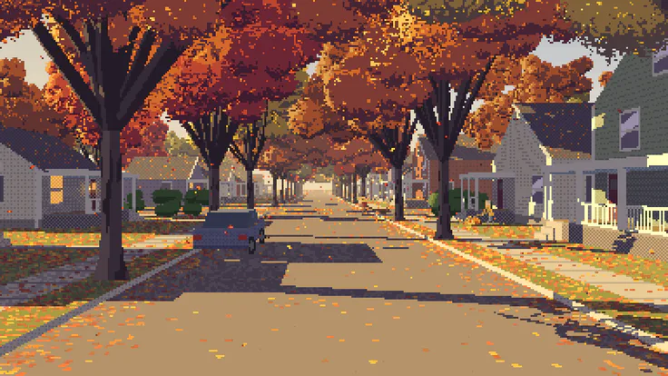 Pixel-art view down a quiet street of porch houses under a glowing canopy of orange and red maples, the low afternoon sun from the left laying long violet tree shadows across a leaf-strewn road.