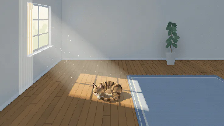Pixel-art room where low morning sun through a small-paned window lays a gold grid of light across wooden floorboards and the edge of a grey-blue rug, with a brown tabby curled asleep in the brightest patch, a sheer curtain at the window and a potted fig in the far corner.