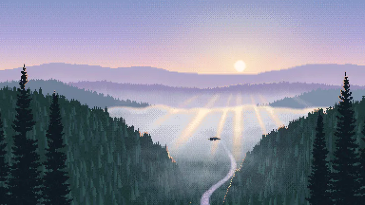Pixel-art dawn over layered evergreen ridges, where a peach-lit fog bank fills a river valley, soft rays fan from a low sun, dark firs frame the view and a river winds out of the fog.