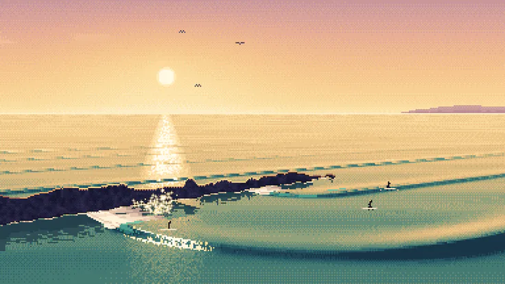 Pixel-art evening seascape where a low sun lays a gold glitter path over a glassy sea and a dark rocky point, while teal swell lines wrap around it and a small surfer rides toward the light.