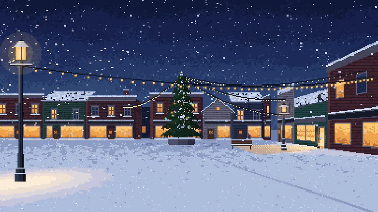 Pixel-art town square at dusk in falling snow: a decorated fir hung with soft coloured lights in the middle, low brick and wood shops with amber windows behind, strings of warm bulbs overhead and a glowing street lamp at the left.