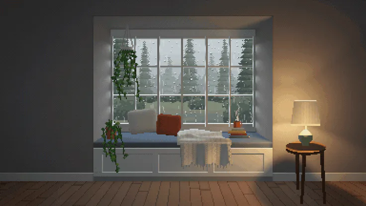 Pixel-art interior of a deep window seat with cushions, a cream knit throw, a book stack and a steaming mug under a large multi-pane window onto a rainy evergreen garden, with a warm table lamp glowing on a side table to the right.