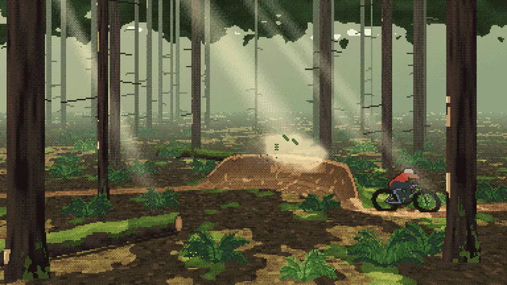 Pixel-art forest at midday, where a mountain biker in a red jersey carves a banked dirt turn among Douglas fir trunks and sword ferns while slanting sun shafts light a plume of dust.