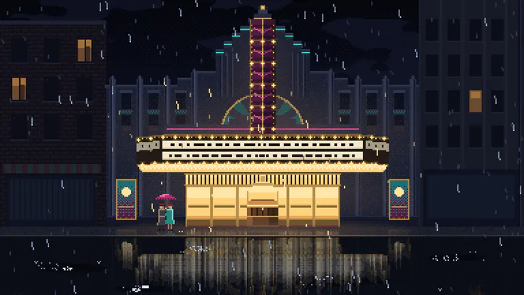 Pixel art of an imagined art-deco cinema at night in light rain, its bulb-edged marquee and bulb-lined blade sign glowing gold above glass doors, a couple sharing a magenta umbrella under the canopy and long gold reflections streaking the wet street.