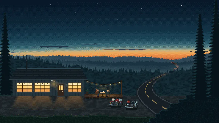 Pixel art at blue hour of a small wooden roadside café with glowing amber windows and a string-lit terrace where two riders sit, two vintage-style motorcycles parked out front and a road curving away into wooded hills under a thin orange band of sunset.
