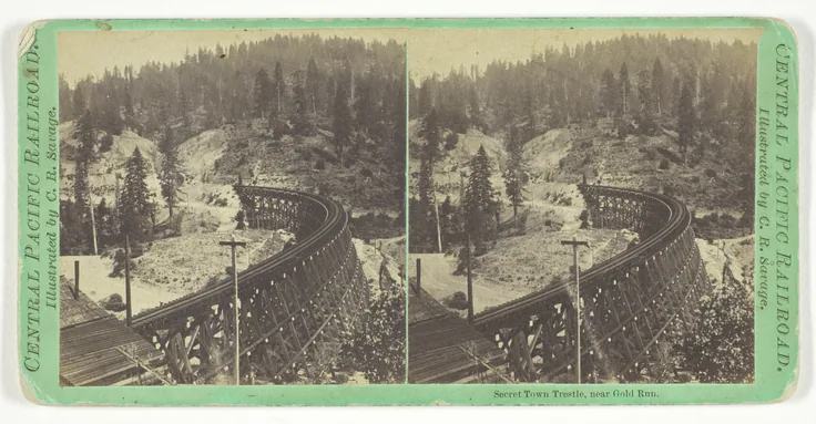Secret Town Trestle, near Gold Run, from the series "Central Pacific Railroad": albumen print, stereo by Charles Roscoe Savage, 1859/62.
