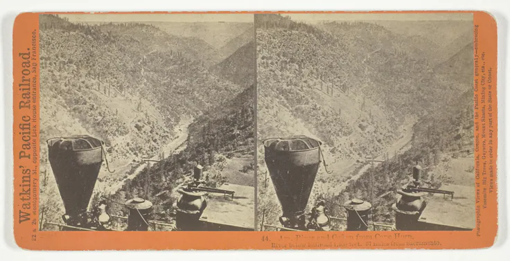 Am. River and Canon from Cape Horn, River below Railroad 1,400 feet. 57 miles from Sacramento, No. 44 from the series "Watkins' Pacific Railroad": albumen print, stereo by Alfred A. Hart, 1864/69, printed 1870.