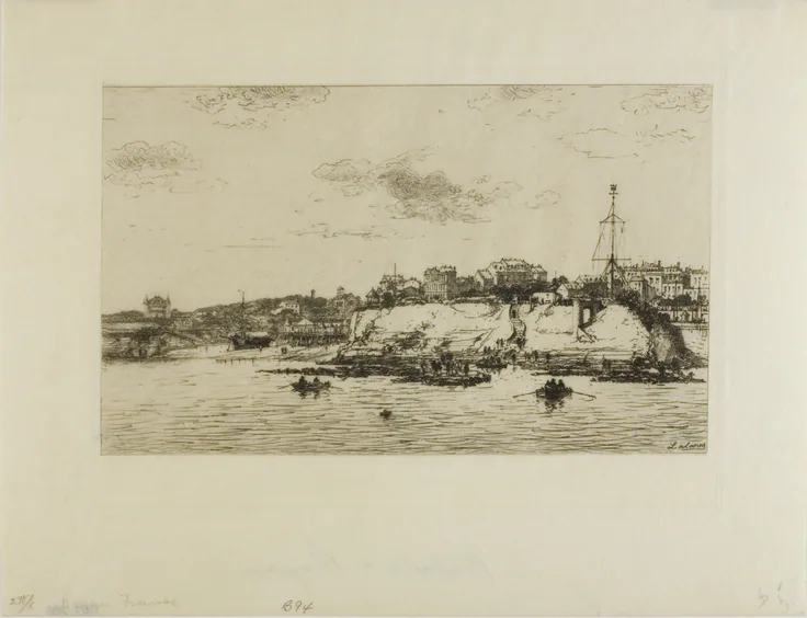 The La Plataine Bridge at Royan: etching on ivory vellum by Maxime Lalanne, 1876.