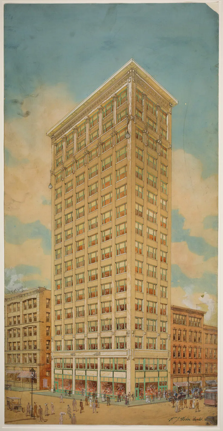 Prairie School Skyscraper, Chicago, Illinois, Perspective: graphite, gouache, and watercolor on illustration board by Peter J. Weber, 1910.