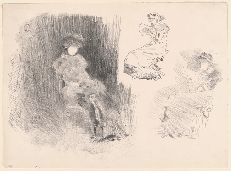 Reading: lithograph, in black ink, with stumping, on ivory wove paper by James McNeill Whistler, 1879, published 1887.