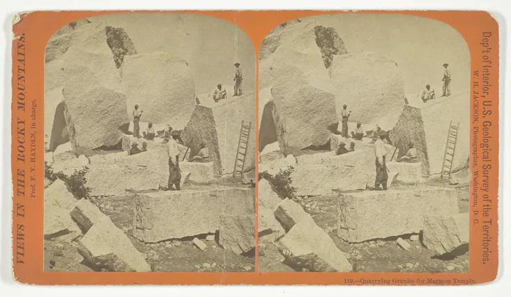 Quarrying Granite for Mormon Temple, No. 119 from the series "Views in the Rocky Mountains": albumen print, stereo by William Henry Jackson, 1870/78.