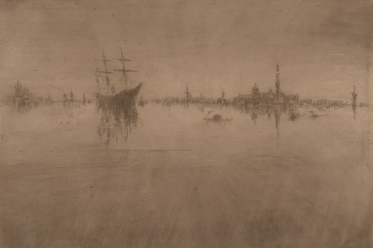 Nocturne, from Venice, a Series of Twelve Etchings (the "First Venice Set"): etching and drypoint in brown on cream laid paper by James McNeill Whistler, 1879–80.
