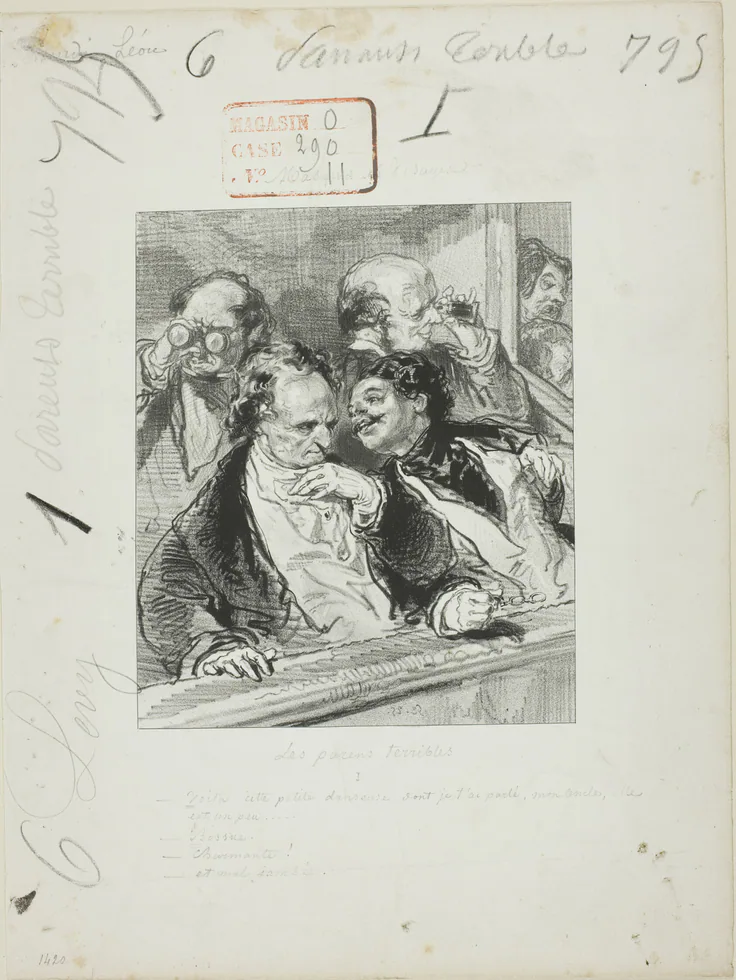 Les-Parents-Terribles series: Here is the little Dancer: lithograph in black on ivory wove paper by Paul Gavarni, 1852.
