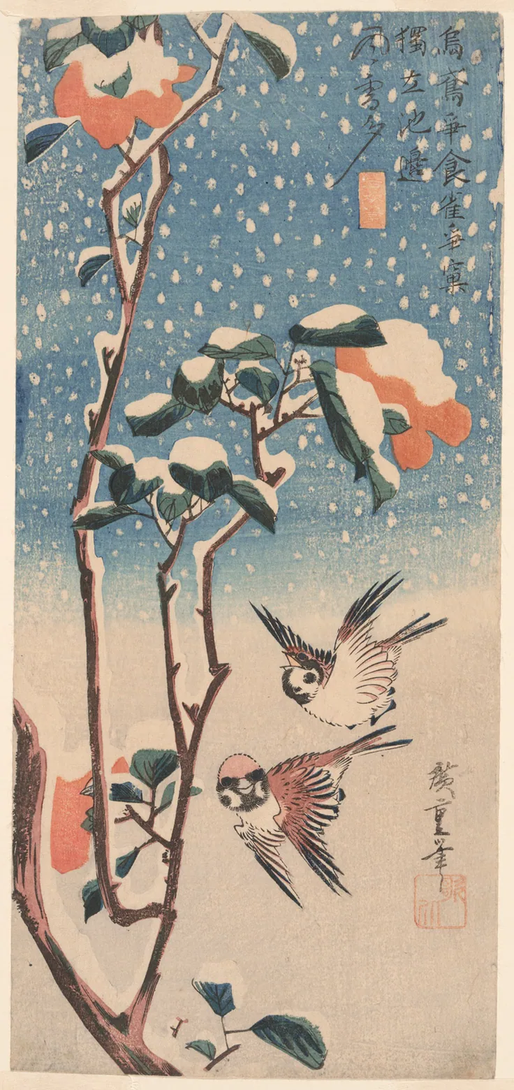 Sparrows and Camellia in Snow: color woodblock print; ōtanzaku by Utagawa Hiroshige 歌川 広重, c. 1831-33.
