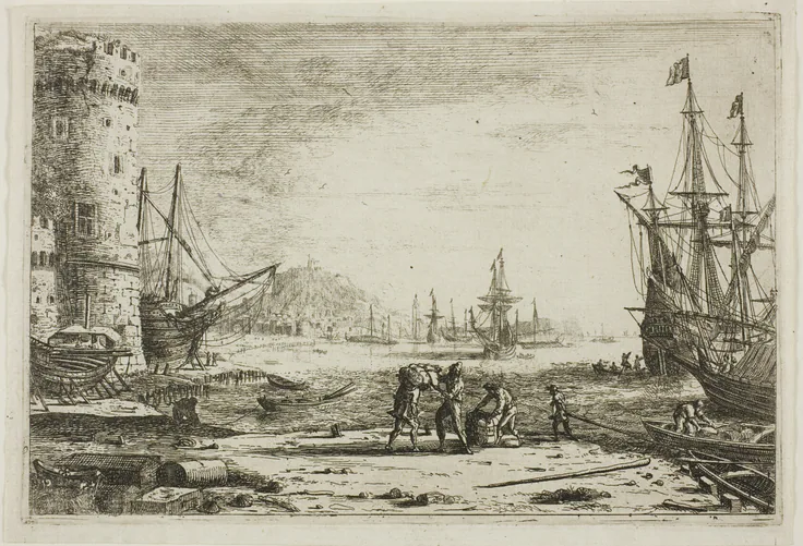 Harbor with a Large Tower: etching on ivory laid paper by Claude Lorrain, c. 1641.