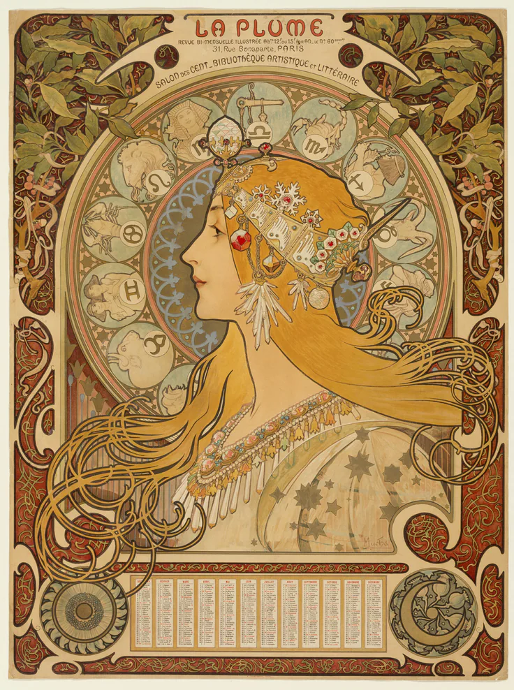 Zodiaque ("La Plume"): color lithograph from multiple stones on tan wove paper by Alphonse Marie Mucha, 1896–97.