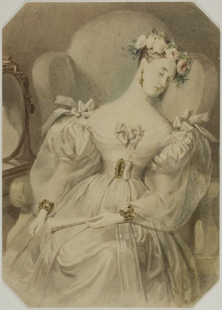 Woman in Evening Dress Asleep in Armchair: watercolor with scraping, over graphite, on cream board by Attributed to Alfred Edward Chalon, c. 1840.