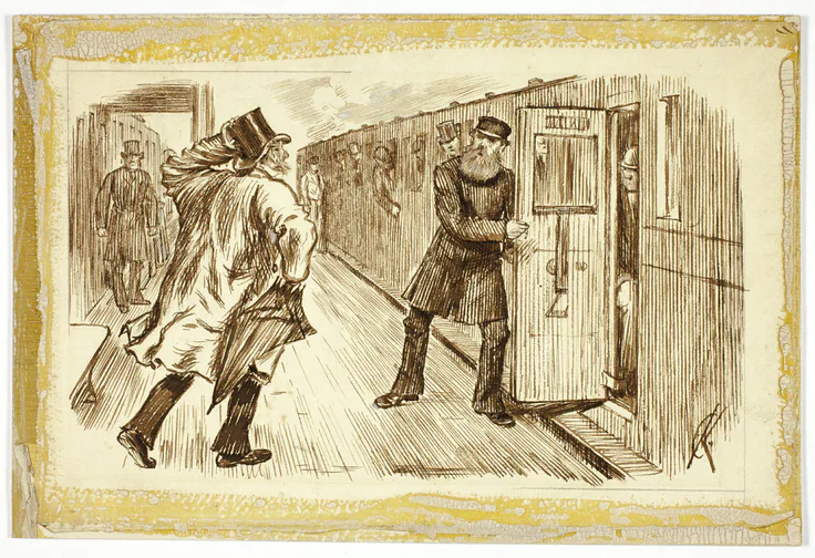 Man Catching Train: pen and brown ink on cream wove paper, laid down on card by Attributed to Charles Samuel Keene, n.d..