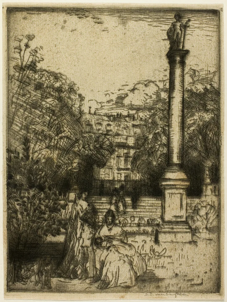 Luxembourg Column, Paris: etching in black on cream wove paper, tipped onto cream card by Donald Shaw MacLaughlan, 1900.