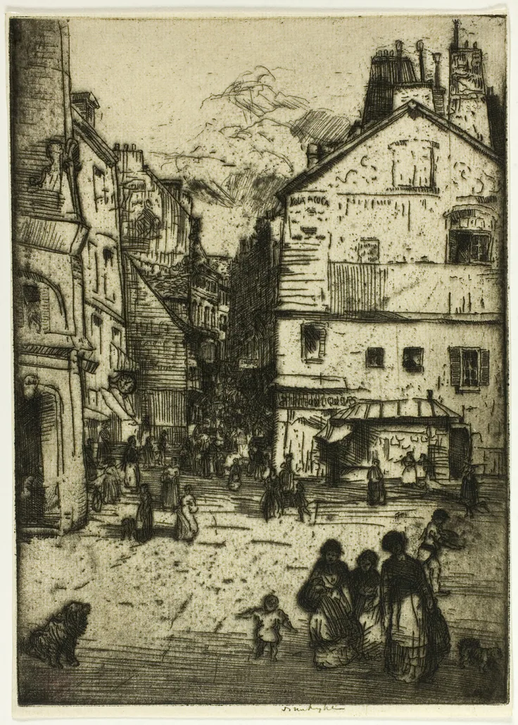 Rue Mouffetard, Paris: etching in black on cream laid paper by Donald Shaw MacLaughlan, 1900.