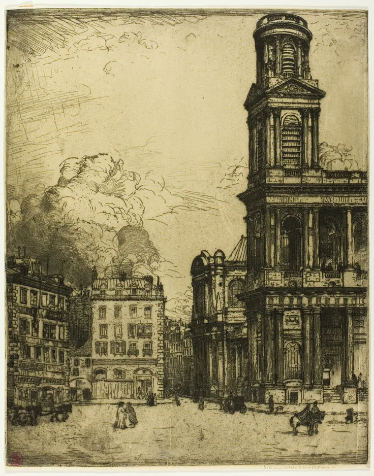 Saint Sulpice, Paris: La Grande Tour: etching in black on cream wove Japanese paper by Donald Shaw MacLaughlan, 1900.