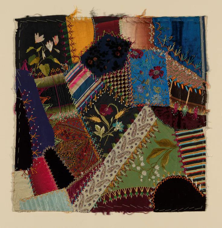 Square from a 'Crazy Quilt': textile by United States, c. 1884.