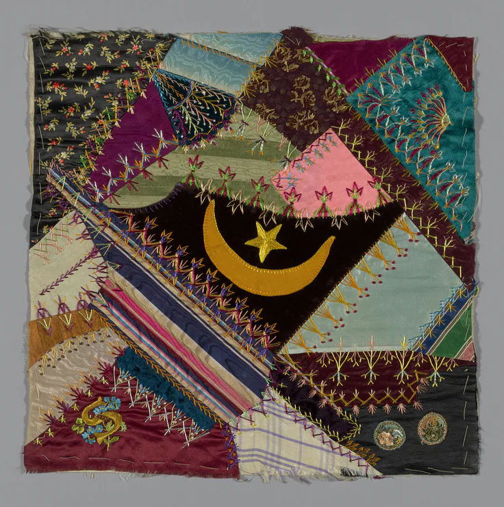 Square from a 'Crazy Quilt': textile by United States, c. 1884.