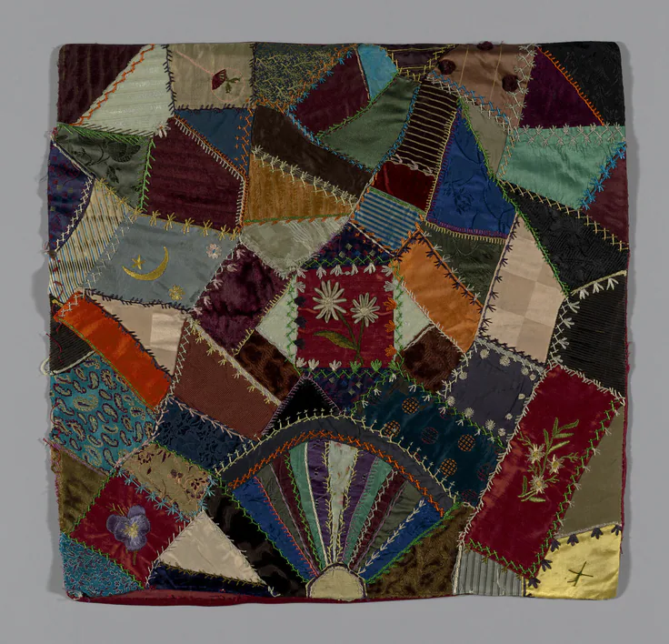 Square from a 'Crazy Quilt': textile by United States, c. 1884.