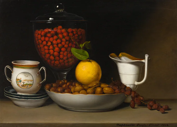 Still Life—Strawberries, Nuts, &c.: oil on wood panel by Raphaelle Peale, 1822.