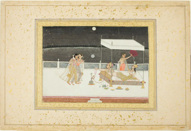 Seduction Scene on a Terrace by Moonlight: opaque watercolor with gold on paper by India, 18th century.
