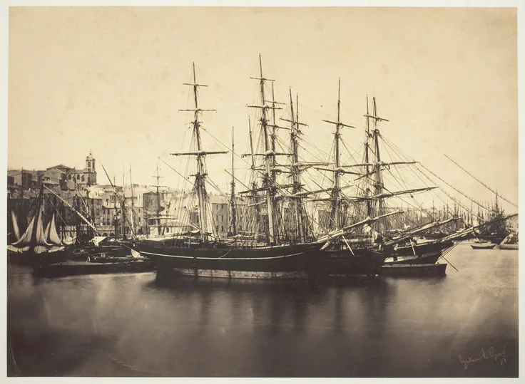 Ships in the Harbor at Sète: albumen print, No. 10 from the album "Vistas del Mar" by Gustave Le Gray, 1857.