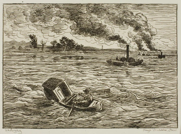 The Steamboats (Steamy Harbor): etching on ivory laid paper by Charles François Daubigny, 1861.