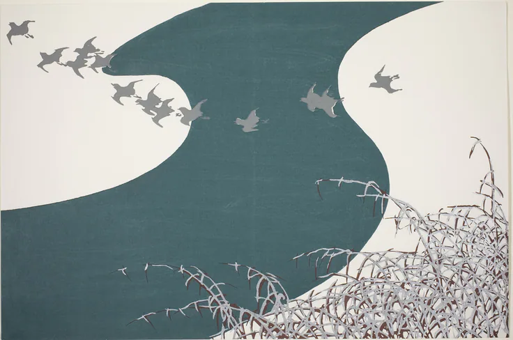 Plovers Flying Across a River above Snow-Laden Reeds (Fuyu no Kawa), from the series "Worlds of Things (Momoyogusa)": color woodblock print by Kamisaka Sekka, 1909/10.