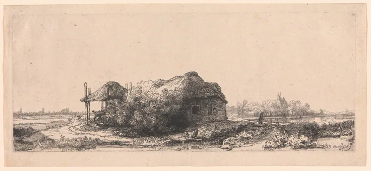 Landscape with Cottages and a Hay Barn: Oblong: etching on ivory laid paper by Rembrandt van Rijn, 1641.