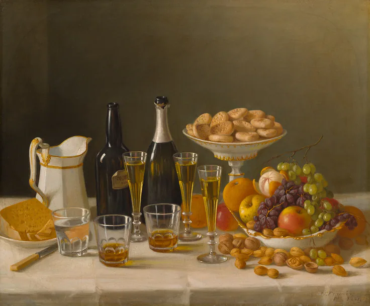 Wine, Cheese, and Fruit: oil on canvas by John F. Francis, 1857.