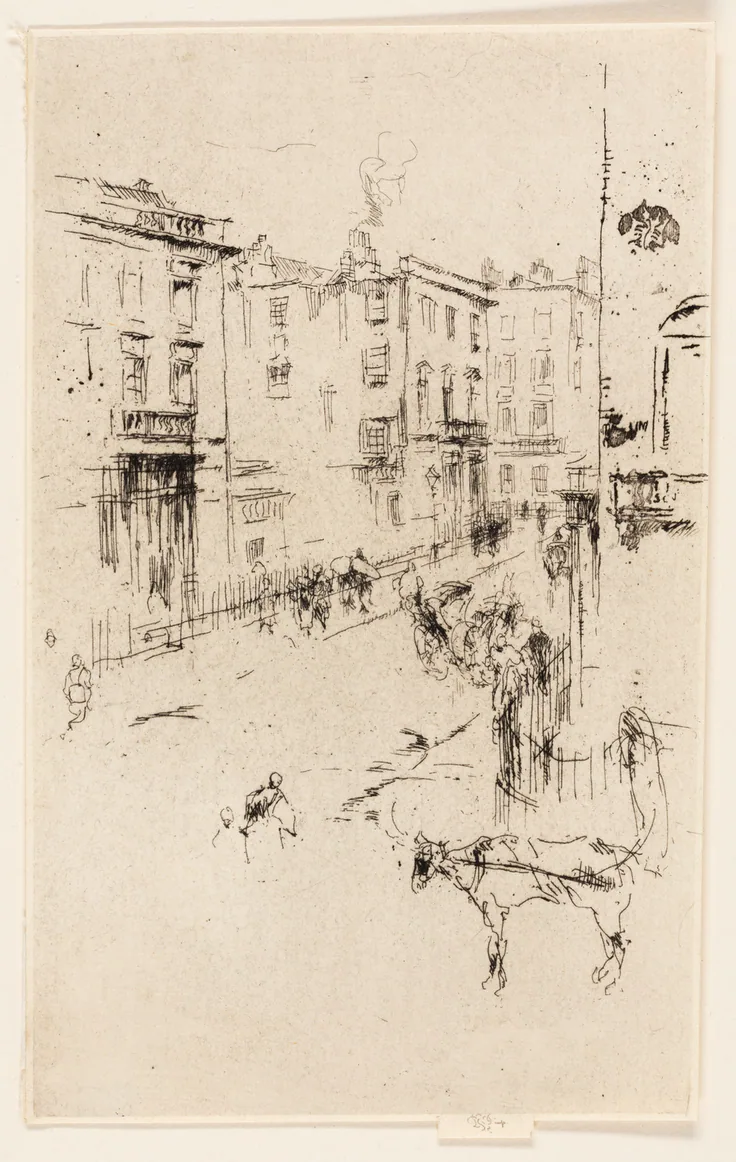Alderney Street: etching with foul biting in black ink on ivory laid paper by James McNeill Whistler, 1881.