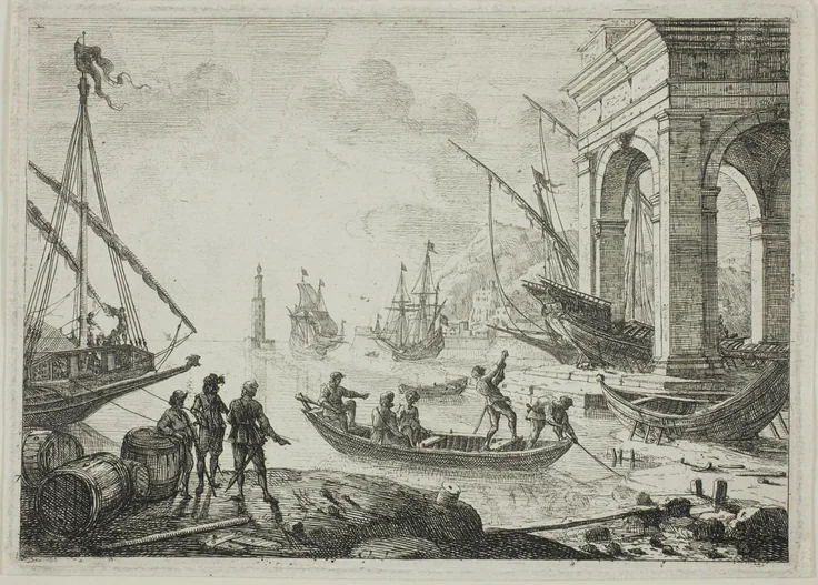 Harbor Scene with a Lighthouse: etching on ivory laid paper by Claude Lorrain, 1638–41.