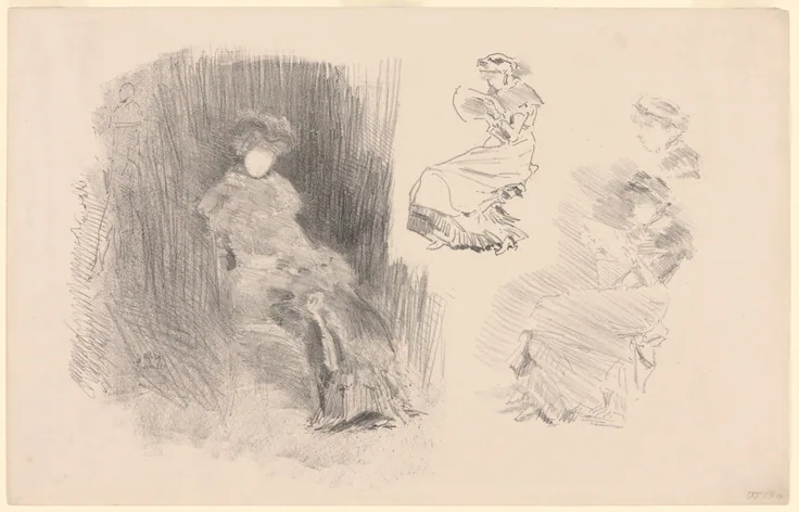 Reading: lithograph, in black ink, with scraping, on ivory wove paper by James McNeill Whistler, 1879, published 1887.