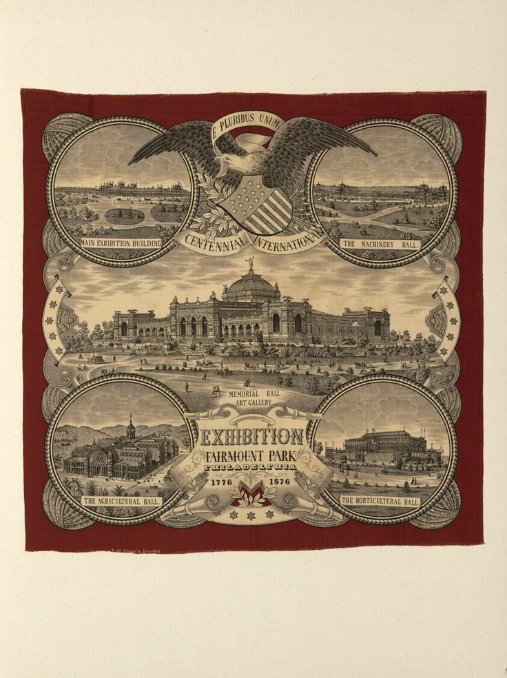 Handkerchief: cotton, plain weave; roller and engraved roller printed by Manufactured by A. & C. Cramer, c. 1876.