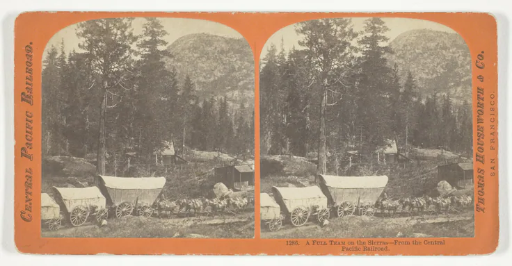 A Full Team on the Sierras - From the Central Pacific Railroad, No. 1286 from the series "Central Pacific Railroad": albumen print, stereo by Thomas Houseworth & Co., 1867.