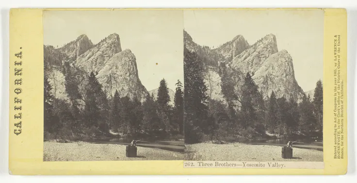 Three Brothers - Yosemite Valley, California, No. 262 from the series "California": albumen print, stereo by Lawrence & Houseworth, 1865.