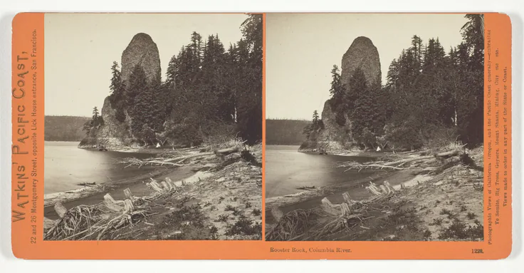 Rooster Rock, Columbia River, No. 1228 from the series "Watkins' Pacific Coast": albumen print, stereo by Carleton E. Watkins, 1867.