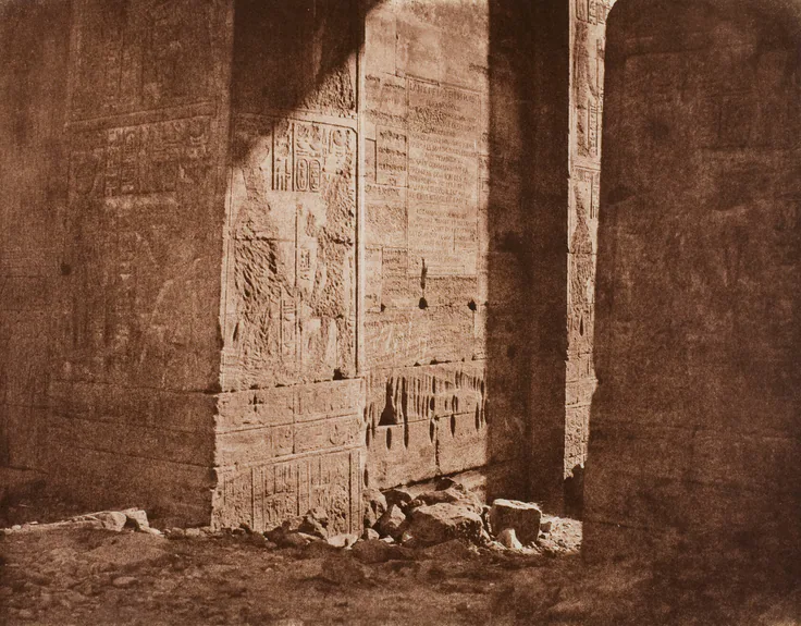 First Pylon - French Inscription Carved on the Eastern Embrasure at Point H, Island of Fila (Philae): salted paper print by Félix Teynard, 1851/52.