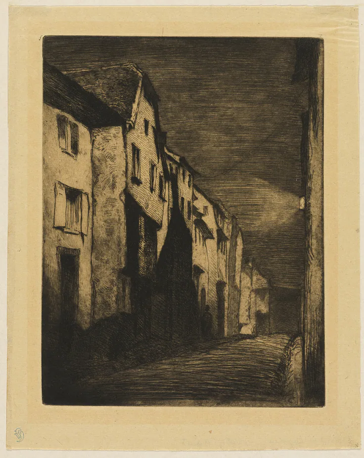 Street at Saverne: etching with foul biting in black ink on tan Japanese paper by James McNeill Whistler, 1858.