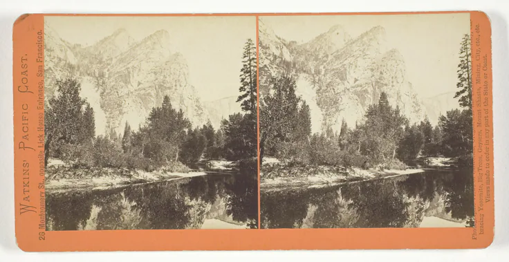 Three Brothers, 4480 ft., Yosemite, from the series "Watkins' Pacific Coast": albumen print, stereo by Carleton E. Watkins, 1861/76.