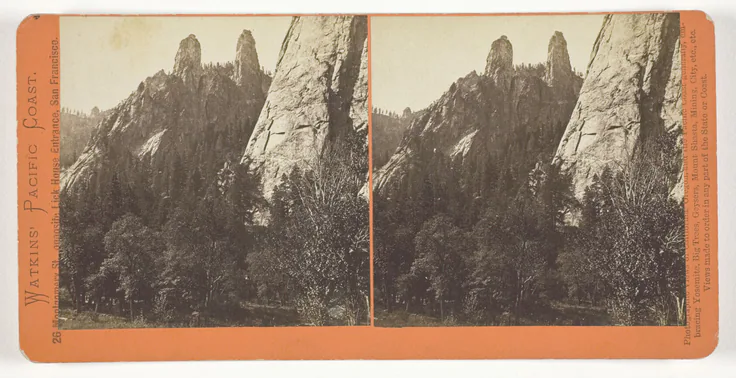 Cathedral Spires, Yosemite, from the series "Watkins' Pacific Coast": albumen print, stereo by Carleton E. Watkins, 1861/76.