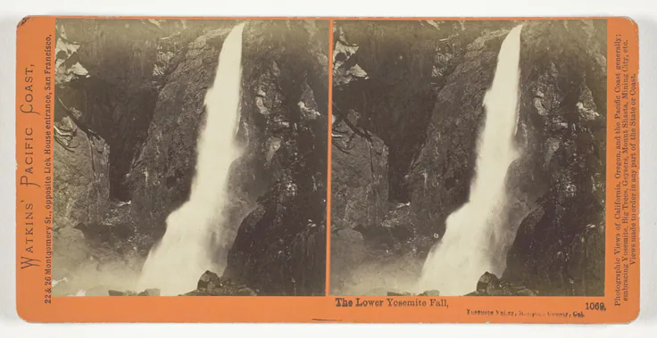 The Lower Yosemite Fall, Yosemite Valley, Mariposa County, Cal., No. 1069 from the series "Watkins' Pacific Coast": albumen print, stereo by Carleton E. Watkins, 1861/76.