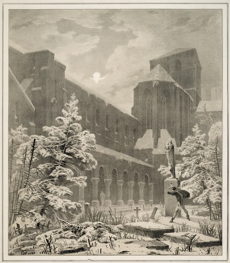 Church and Graveyard in the Snow by Moonlight: lithograph, with gray tone block on cream wove paper by Carl Blechen, 1827.
