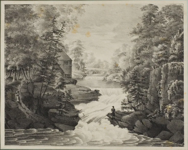 Landscape with Waterfall: lithograph on cream wove paper, laid down by Pendleton's Lithography, n.d..